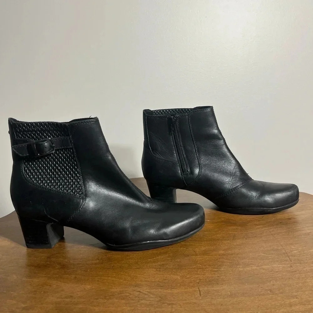Clarks Black Leather Ankle Booties with Low Block Heel
